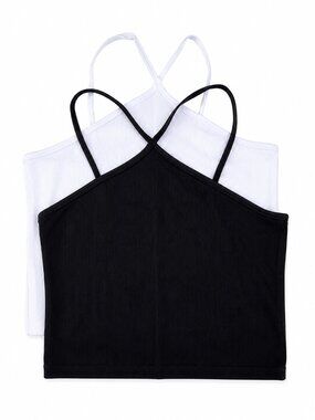 Set of 2 Women's Black & White Ribbed Halter Neck Crop Cami Tank Tops, XL